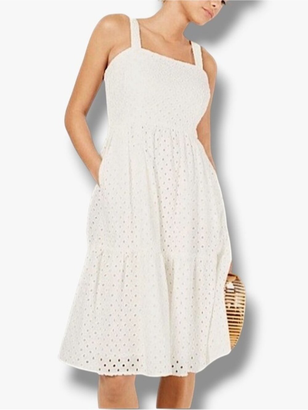Vince Camuto Eyelet Sundress White Cotton Classic Square Neck Dress Lined 16 - Picture 5 of 16